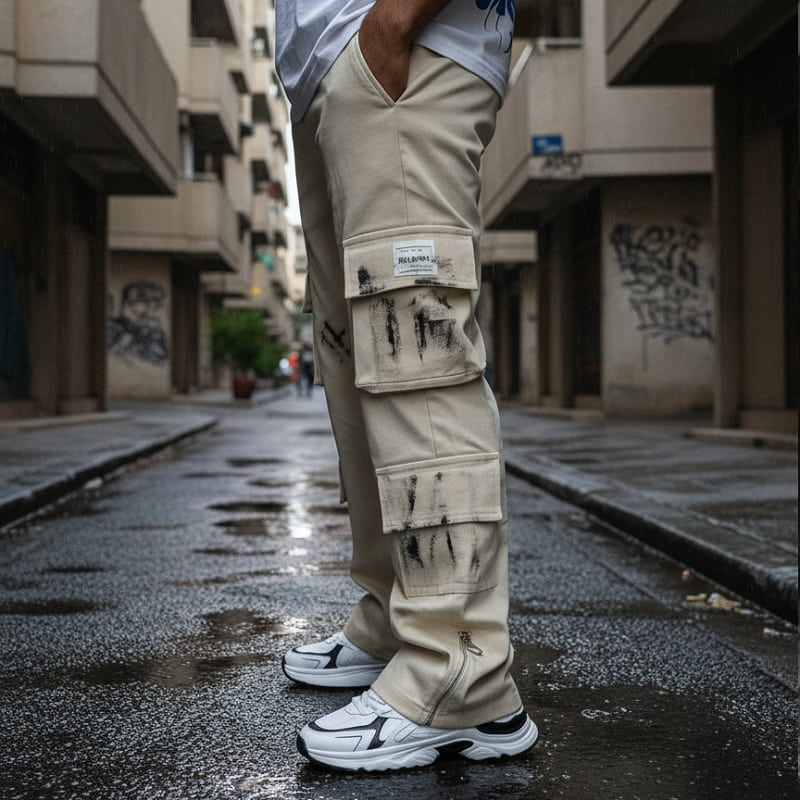 شلوار کارگو شش جیب پایین زیپ مدل sami-کرم